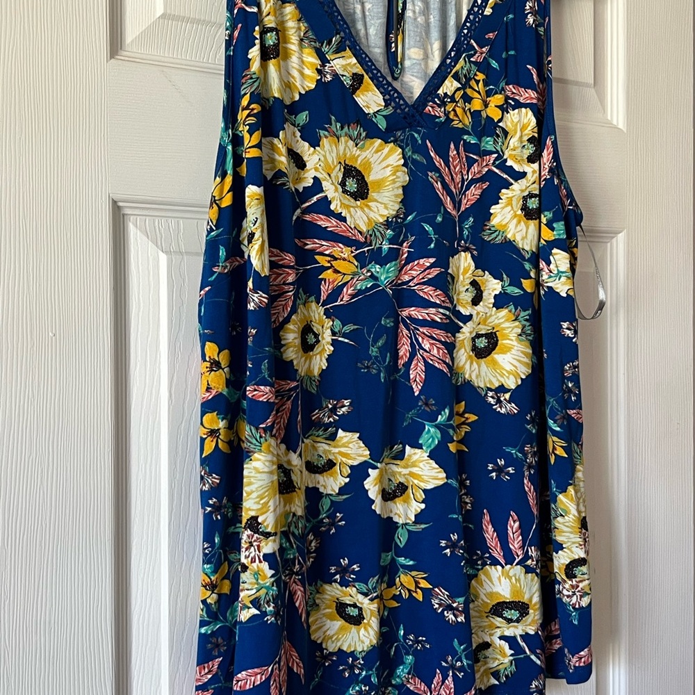 Daniel Rainn Blue Floral Sleeveless Blouse Crochet Trim Boho Size 3X